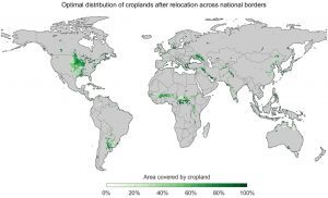 Optimal distribution of croplands after relocation with national borders. Credit: University of Cambridge